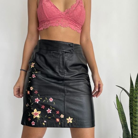 Vintage Dresses & Skirts - Vintage black genuine leather floral embroidered mini skirt